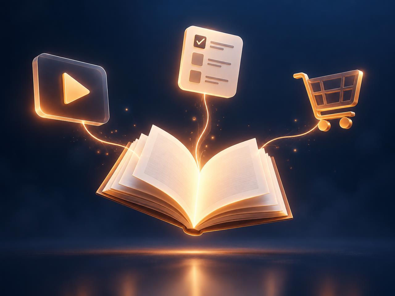 Ilustração de um eBook se transformando em vídeo, quiz e checkout